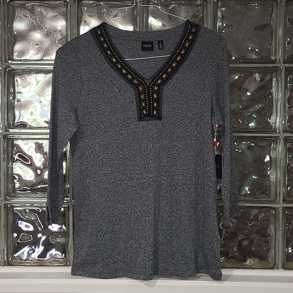 Raphaella embellished top - 3/4 sleeve, soft, gray, black, size M